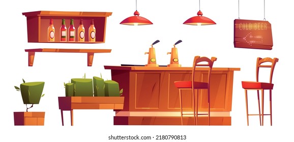 Bar furniture and stuff isolated set. Wooden desk with beer taps, high chairs, shelf with glass bottles, lanterns and signboard with plants in wood pots Cartoon vector illustration, icons, clip art