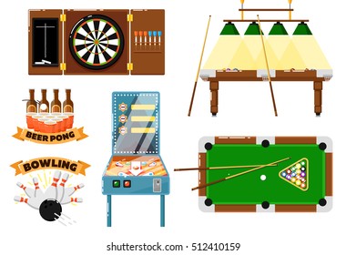 Bar game. Snooker, billiard, darts, bowling, beer pong, pinball gaming machine vector illustration. Sport bar table game accessory set isolated on white background. Hobby and active leisure
