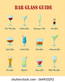 Bar glass guide: a collection of various kinds of vector bar glasses, their proper naming and usage for drinks.