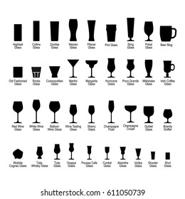 Bar glasses with names, black silhouette icons set, vector illustration