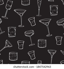 Bar, glasses outline chalk vector seamless pattern on dark background. Concept for menu, cards, wallpaper
