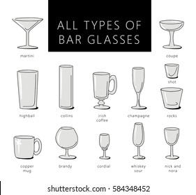 Bar Glasses Vector Icons Set. Vector Types Of Glasses Silhouettes. Guide To Various Types Of Barware Glasses.