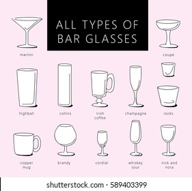 Bar glasses vector icons set. Vector types of barware glasses silhouettes. Guide to various types of barware glasses.