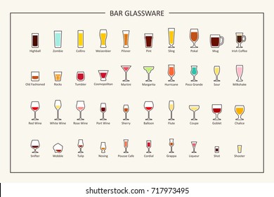 Bar glassware guide, colored icons. Horizontal orientation. Vector