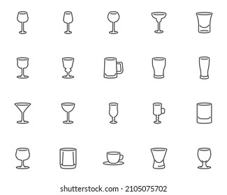 Bar Glassware Line Icons Set. Linear Style Symbols Collection, Outline Signs Pack. Bar Glasses Vector Graphics. Set Includes Icons As Wine Glass, Vodka Shot, Margarita Cocktail, Absinthe, Beer Mug