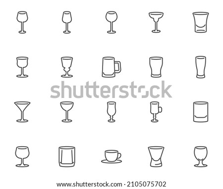 Bar glassware line icons set. linear style symbols collection, outline signs pack. Bar glasses vector graphics. Set includes icons as wine glass, vodka shot, margarita cocktail, absinthe, beer mug