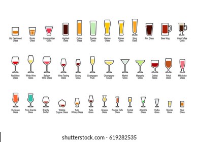 Bar glassware with titles, color icons set on white background, vector illustration