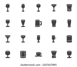 Bar Glassware Vector Icons Set, Modern Solid Symbol Collection, Filled Style Pictogram Pack. Signs, Logo Illustration. Set Includes Icons As Wine Glass, Vodka Shot, Margarita Cocktail, Absinthe, Beer 