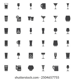 Bar Glassware vector icons set, modern solid symbol collection, filled style pictogram pack. Signs, logo illustration. Set includes icons as Champagne Flute, Beer Mug, Martini cocktail, Tumbler