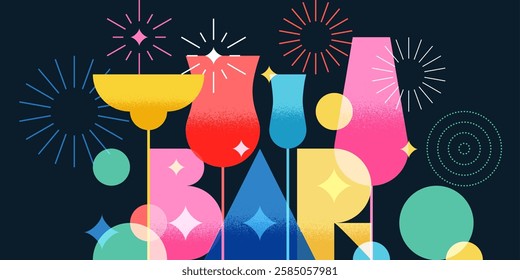 Bar glowing word, colorful cocktails and fireworks on black background. Night party banner, poster, alcoholic, non-alcoholic drinks cocktail menu design element. Vector abstract geometric illustration