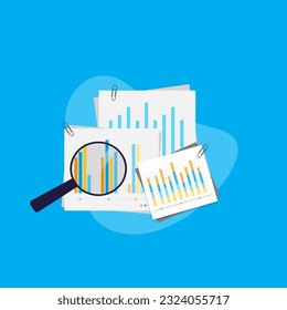 Bar graph Analyst with magnifying glass Concept of statistical or financial data analysis, business analytics. Modern colorful isometric vector illustration.