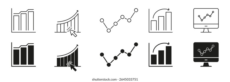 Bar Graph Analytics Icon Set. Data Visualization, Performance Tracking, Business Growth Symbol Collection. Financial Analysis And Market Trends Representation. Isolated Vector Illustration.