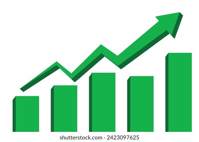 Bar graph with arrow. Business growth icon with bar graph. Growing business 3d green arrow on white. Profit  arow Vector illustration. Business concept, growing chart.