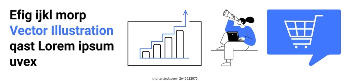 Bar graph with arrow, businesswoman with laptop and telescope, shopping cart speech bubble. Ideal for business success, e-commerce, growth, planning, online shopping, future trends. Landing page