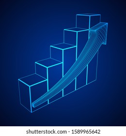 Bar graph with arrow grow, chart, business concept. Wireframe low poly mesh vector illustration