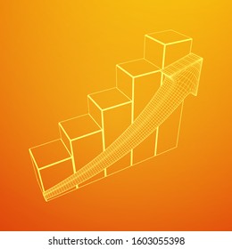 Bar graph with arrow grow, chart, business concept. Wireframe low poly mesh vector illustration