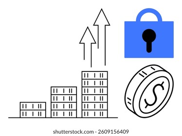 Bar graph with arrows demonstrating growth, a dollar coin, and a blue lock showing financial growth and security. Ideal for financial advice, investment tips, savings plans, business solutions