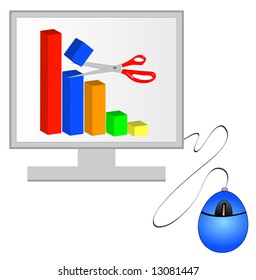 bar graph being slashed on computer monitor with attached mouse - vector