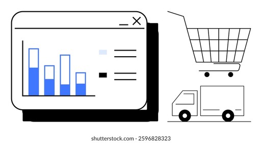 Bar graph with blue, black, and gray bars on a web page, alongside a shopping cart and a delivery truck. Ideal for e-commerce concepts, online retail, shipping logistics, sales analysis, consumer
