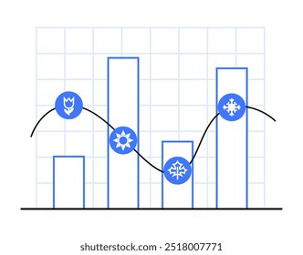 Bar graph with blue gear and shield icons, connected by a line chart on a grid. Ideal for business growth, data insights, performance metrics, financial statistics, progress tracking. Simple and