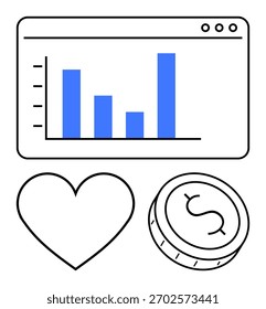 Gráfico de barras na janela do navegador, forma do coração e ícone de moeda. Ideal para análise de negócios, crescimento financeiro, métricas de sucesso, tendências de mercado, desempenho on-line e envolvimento do usuário com a saúde econômica. Linha
