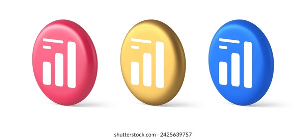 Bar graph business analyzing button diagram profit progress increase stock market stats 3d realistic blue gold and pink icons. Chart economy company financial marketing interface