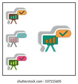 bar graph business statistic Vector illustration collection in paper sticker style of column chart on office board with check mark