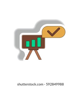 bar graph business statistic Vector illustration in paper sticker style of column chart on office board with check mark