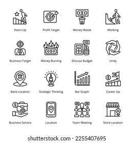 Bar Graph, Career Up, Stairs Up, Profit Target, Money Waste, Working, Bank Location, Strategic Thinking, Business Service, Location, Team Meeting, Store Location, Outline Icons - Stroked, Vectors