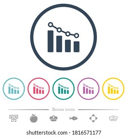 Bar graph with circles and lines flat color icons in round outlines. 6 bonus icons included.