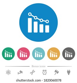 Bar graph with circles and lines flat white icons on round color backgrounds. 6 bonus icons included.