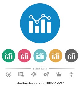 Bar graph with circles and lines flat white icons on round color backgrounds. 6 bonus icons included.