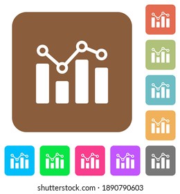 Bar graph with circles and lines flat icons on rounded square vivid color backgrounds.