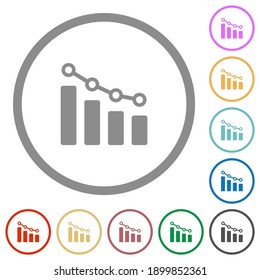 Bar graph with circles and lines flat color icons in round outlines on white background