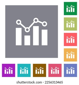 Bar graph with circles and lines flat icons on simple color square backgrounds
