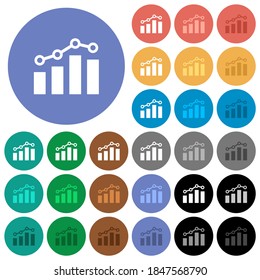 Bar graph with circles and lines multi colored flat icons on round backgrounds. Included white, light and dark icon variations for hover and active status effects, and bonus shades.