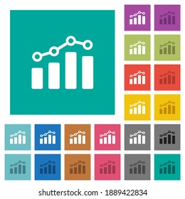 Bar graph with circles and lines multi colored flat icons on plain square backgrounds. Included white and darker icon variations for hover or active effects.