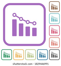 Bar graph with circles and lines simple icons in color rounded square frames on white background