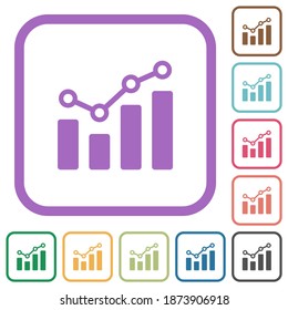 Bar graph with circles and lines simple icons in color rounded square frames on white background
