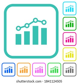 Bar graph with circles and lines vivid colored flat icons in curved borders on white background