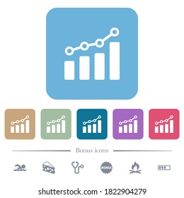 Bar graph with circles and lines white flat icons on color rounded square backgrounds. 6 bonus icons included