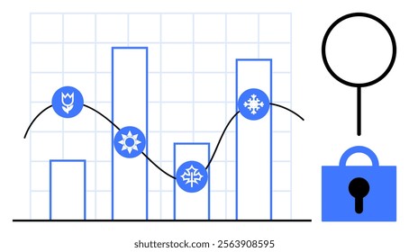 Bar graph displays seasonal data adorned with icons symbolizing spring, summer, winter, and autumn seasons. Nearby, a magnifying glass icon and security lock icon signify analytics and data