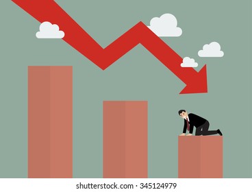 Bar graph down with desperate businessmen. Business concept