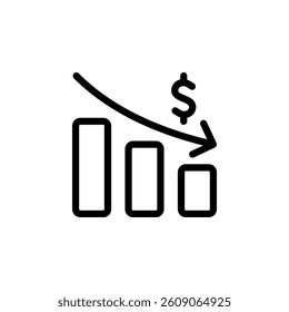 Bar graph with a downward trend and dollar sign, representing financial loss, economic downturn, or decrease in profit. Isolated on white background
