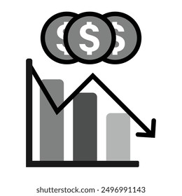 Bar graph with falling arrow and dollar signs icon in grey scale isolated on white background.