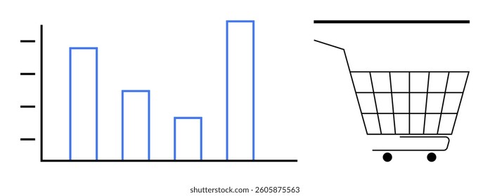 A bar graph with four blue bars on the left and a shopping cart outline on the right. Ideal for business analysis, retail statistics, market trends, sales performance, and data visualization. Simple