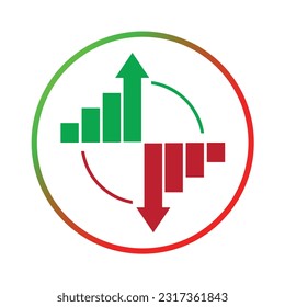 Gráfico de barras con flecha verde arriba y flecha abajo roja. mostrar los cambios en las ganancias o pérdidas del operador, ilustración vectorial, logotipo