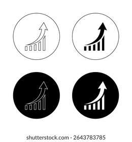 Bar graph growth arrow icon on black circle. Chart increase sign symbol