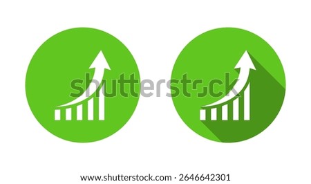 Bar graph growth arrow icon with long shadow. Chart increase sign symbol