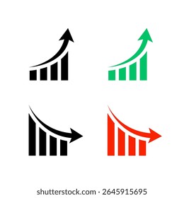 Ícone de crescimento e declínio do gráfico de barras em estilo simples. Símbolo de gráfico de seta para cima e para baixo